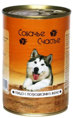 Собачье Счастье Консервы для собак, птица с потрошками в желе 410 г