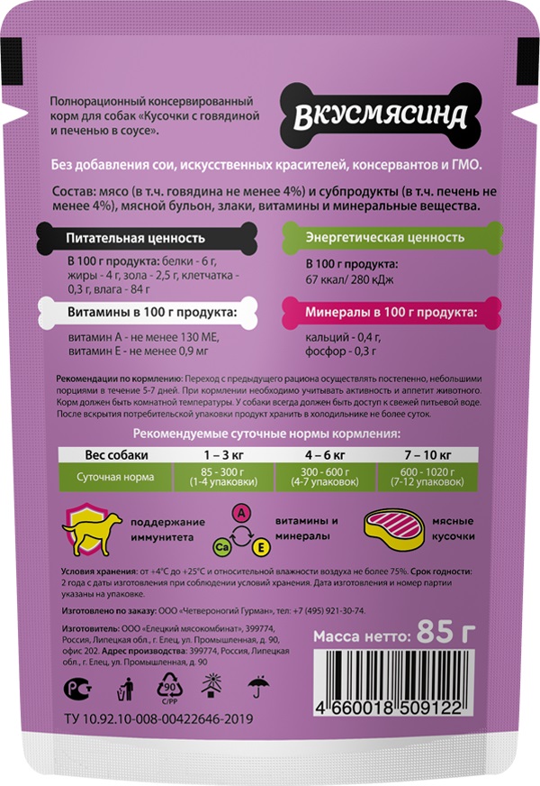 ВКУСМЯСИНА Влажный корм для собак Говядина и печень в соусе 85 гр