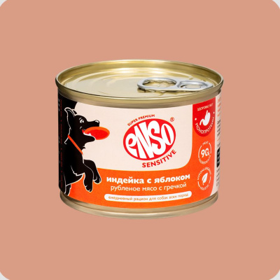 ENSO SENSITIVE Влажный монопротеиновый корм для собак с чувствительным пищеварением,  индейка, гречка и яблоко, 190г