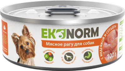 Корм консервированный для собак EKONORM "Мясное рагу с индейкой и сердцем", 100 г
