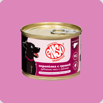ENSO SENSITIVE Влажный корм для собак с чувствительным пищеварением, поддержание здоровья печени, перепелка, гречка и груша, 190г