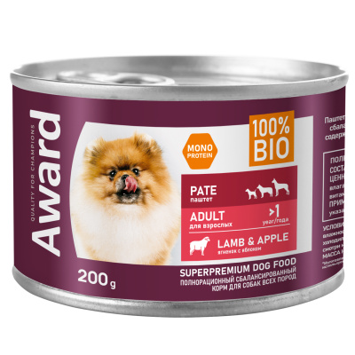 Влажный корм AWARD для взрослых собак паштет из ягненка с яблоком, 200г