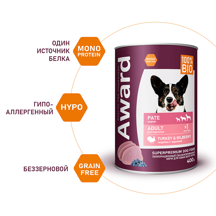 Влажный корм AWARD для взрослых собак паштет из индейки с черникой, 400г