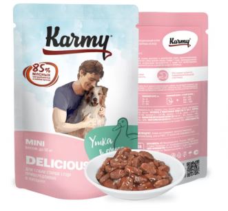 Karmy Delicious влажный корм для собак мелких пород старше 1 года для привередливых, Мясные кусочки в соусе, Утка 80гр
