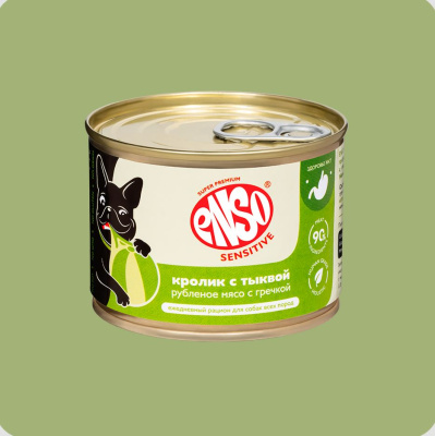 ENSO SENSITIVE Влажный корм  для собак с чувствительным пищеварением, кролик, гречка и тыква, 190г