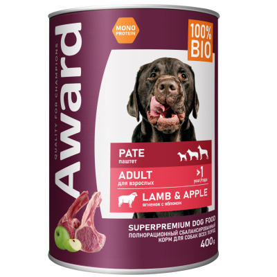 Влажный корм AWARD для взрослых собак паштет из ягненка с яблоком, 400г
