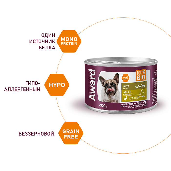 Влажный корм AWARD для взрослых собак паштет из утки с брусникой, 200г