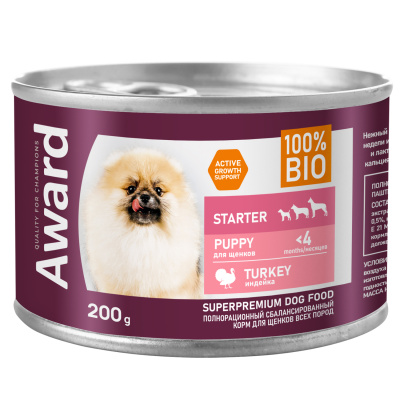 Влажный корм AWARD для щенков с начала прикорма до 4 месяцев, беременных и кормящих сук паштет из индейки, 200г